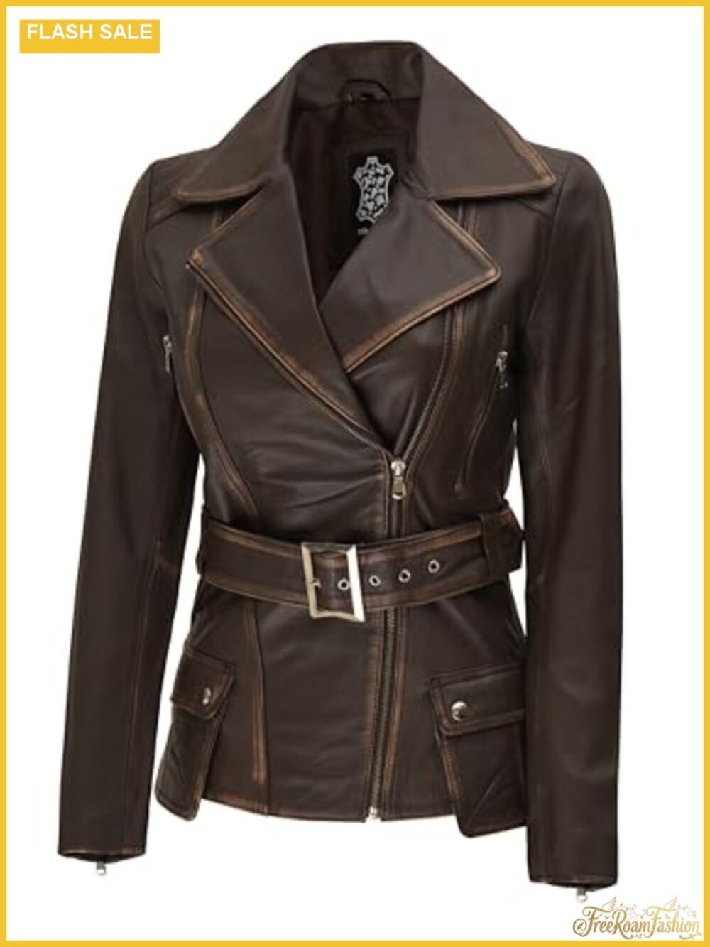 Lambskin Leather Jacket Womens Belted Asymmetrical Moto Biker Outerwear